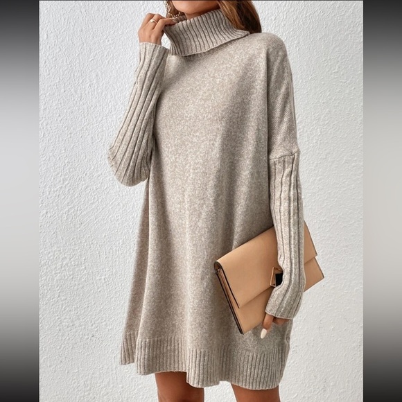 Boho Comfy Turtle Neck Batwing Sleeve Sweater Dress - Picture 4 of 6